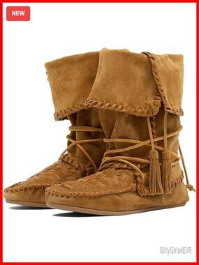 Slouchy Suede Fold Over Mid Calf Boots with Woven Fringe Western Cowboy Ankle